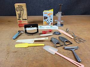 lot 47 image: Keystone Meat Grinder w Original Box, Vintage Westmark Dicer in Box, Advertising Kitchen Utensils and More
