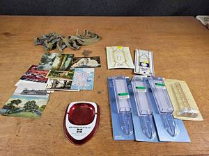 lot 61 image: Lot of Vintage Minnesota Postcards, Antique Ice Cleats, Rain Gauges and New Prague, MN Ash Tray