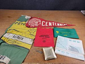 lot 64 image: Vintage Alfalfa Sack, Centennial Pennant, Bank Bags, 1964 Weather Maps and More