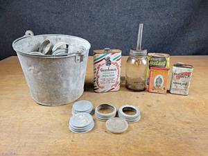 lot 68 image: Large Lot of Antique Canning Lids (Some w Glass Insert) and Vintage Cans - NO SHIPPING