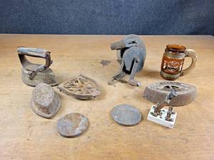 lot 80 image: Antique Irons, Hand Grinder, Electrical Contact and More