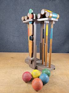 lot 103 image: Nice Vintage Croquet Set w (6) Mallets, (5) Balls and (2) Stakes - Just need the Rings - NO SHIPPING
