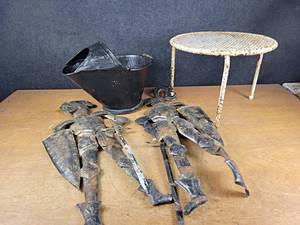 lot 111 image: Decorative Knights (About 31 Tall Each), Vintage Steel Table and Coal Bucket - NO SHIPPING