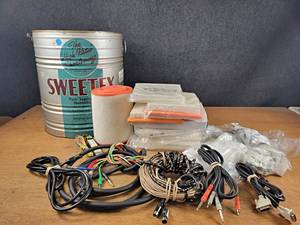 lot 136 image: Assortment of NOS Auto Parts, Audio Cables and Large Vintage SWEETEX Shortening Can - NO SHIPPING