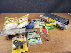 lot 155 image: Large Lot of Painting Supplies - Pure Lambskin Painters Mist, Sheeting, Trays, Paint Pads and More