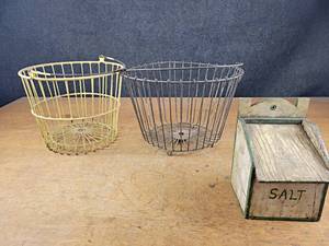 lot 165 image: (2) Antique Steel Egg Baskets and Vintage Wall Mount SALT Box - NO SHIPPING