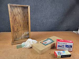 lot 209 image: Glass  Wood Display Case w 7 Shelves (20 x 10 x 4), Moose Frame and Christmas Lights - NO SHIPPING