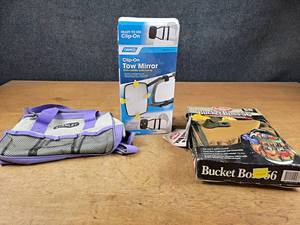 lot 210 image: New - Bucket Tool Bag (BucketBoss), Stanley Tool Bag and Clip-On Tow Mirror