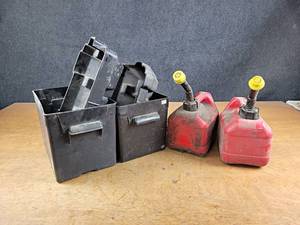lot 216 image: Pair of Plastic Battery Boxes and (2) 1 Gallon Gas Cans - NO SHIPPING