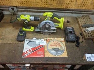 lot 23 image: Ryobi 18 V Cordless Drill, Ryobi 18 V Cordless Circular Saw, Battery packs, & Extra Blades, Both Work Great