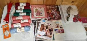 lot 66 image: Cross Stitch Starter Collection- Tons of Yarn, Patterns, Plastic Grid, & More
