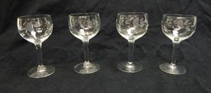 lot 69 image: Lot of 4 Small Vintage Etched Wine Glasses