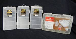 lot 114 image: New 24 Compartment Storage Box and 3 Plano 3400 6 Fixed Compartment Storage Box