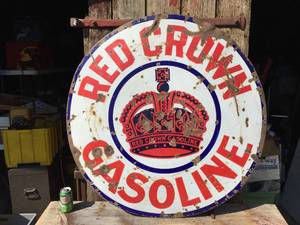 lot 59 image: Vintage Red Crown Gasoline Round Metal Advertising Sign