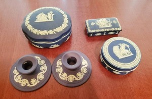lot 41 image: Collection of Wedgwood Jasperware Trinket Boxes and Candle Holders