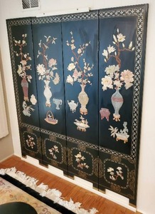 lot 47 image: Large Asian Privacy Screen with Soap Stone Carvings