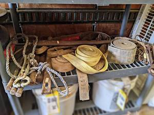 lot 36 image: Clevis, Sling Strap, Straps, Steel Bars and More on Shelf
