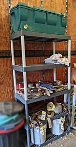 lot 37 image: Storage Shelf - About 72 x 36 x 18 and Plastic Storage Container w Hinged Lid - Contents NOT Included - NO SHIPPING