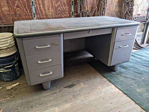 lot 43 image: Vintage Steel Teachers Desk - Overall about 60 x 30 x 29 - NO SHIPPING