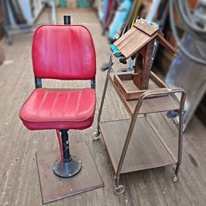 lot 57 image: Boat Seat on Stand, Rolling Shelf and Birdhouse - NO SHIPPING