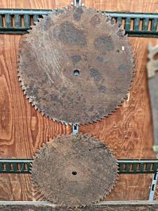 lot 68 image: Pair of Large Sawmill Saw Blades - 28 & 25 Diameters - NO SHIPPING