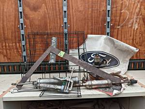 lot 82 image: FORD Grill Cover, Rack, Grease Gun and More - NO SHIPPING - Shelf NOT Included