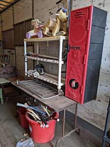 lot 104 image: Huge Lot of Assorted Sports Equipment and More - Folding Table, Shelf, Locker, Tub of Racquets and More - NO SHIPPING