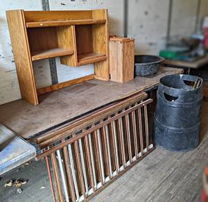 lot 127 image: 8 Folding Table, Barrel, Crib Sides for Hanging and More - NO SHIPPING