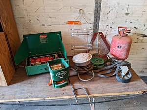 lot 128 image: Large Lot of Misc. Camp Stove, Shower Shelf and More - NO SHIPPING