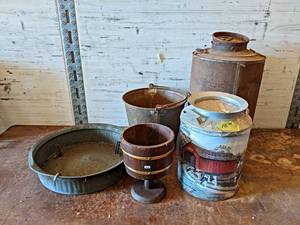 lot 130 image: Antique Tin Cream Can, Galvanized Pan and More - NO SHIPPING