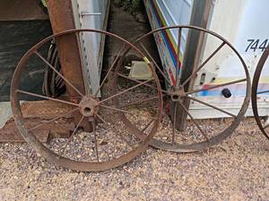lot 164 image: (2) Antique Steel Wagon Wheels - About 30 & 29 diameter x 3 wide - NO SHIPPING