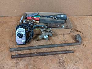 lot 177 image: Antique Tools, Block Heater, Brass Valve and More