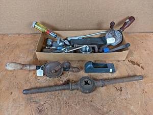 lot 189 image: Lot of Antique Drills, Large Tap Handle and More