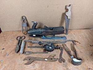lot 232 image: Large Lot of Antique Tools - Block Plane, Draw Knife, Wrenches and More