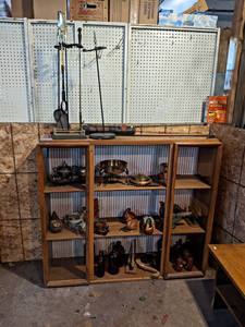 lot 248 image: Shelf  Contents - Copperware, Ducks, Hudson Sprayer, Bottles and More - Shelf is about 51 x 14 x 46 - NO SHIPPING