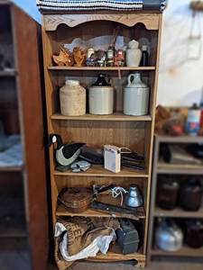 lot 250 image: Shelf  Contents - Stoneware Jugs, Copperware, Coffee Burlap Bag, Rug and More - Shelf is about 72 x 28 x 12 -  NO SHIPPPING