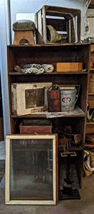 lot 254 image: Shelf  Contents - Wood Crates, Vintage Medicine Cabinet and More - Shelf is about 71 x 36 x 24 - NO SHIPPING