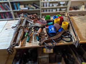 lot 258 image: Assorted Antiques and More - Eveners, Seeders, Hedge Clippers, Can Koozies - NO SHIPPING
