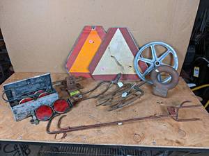 lot 269 image: Vintage DELBAR Reflectors, Pitch Forks, Slow Moving Signs, Pintle Hitch and More - NO SHIPPING