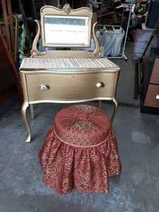 Cute Vintage Dressing TableVanity Painted Gold With Skirted Stool 34x18x47
