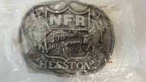 lot 220 image: (2) Hesston National Final Rodeo Belt Buckle.