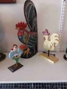 lot 157 image: 3 wooden rooster figuines  tall one...