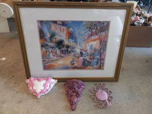 lot 129 image: Pink & Blue floral picture wpink a...