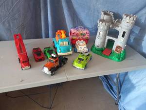 lot 17 image: Box of misc toddler toys, cars, cas...