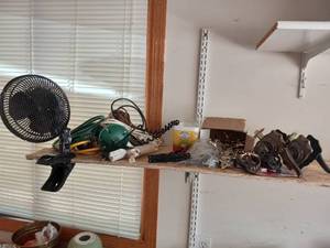 lot 58 image: Bench fan, multiple extension chord...