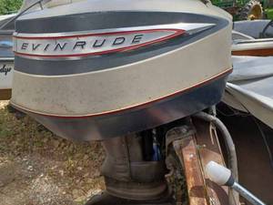 lot 1 image: Johnson 202 Seventeen Foot Wood Cruiser with Evinrude StarFlite 90 hp. Outboard Motor and Trailer