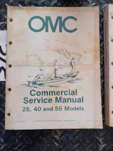 lot 365 image: Two OMC Commercial Service Manuals for 25, 40, 55, 65, 100, and 155 Models, and an Outboard Water Hose Adapter