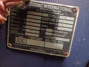 lot 395 image: 1990 Yacht Line Zodiac International 4-Man Rubber Raft with a Wood Stern for Mounting an Outboard Motor