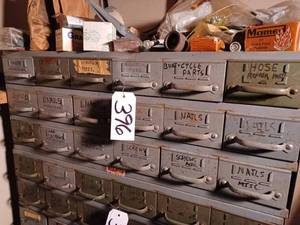 lot 396 image: 18-Drawer Metal Parts Cabinet, 34-inches wide X 13.5-inches tall X 18-inches deep, Drawers Measure 5.5-inches wide X 3-inches deep