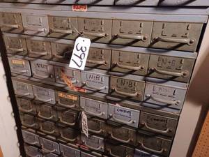 lot 397 image: 18-Drawer Metal Parts Cabinet, 34-inches wide X 13.5-inches tall X 18-inches deep, Drawers Measure 5.5-inches wide X 3-inches deep